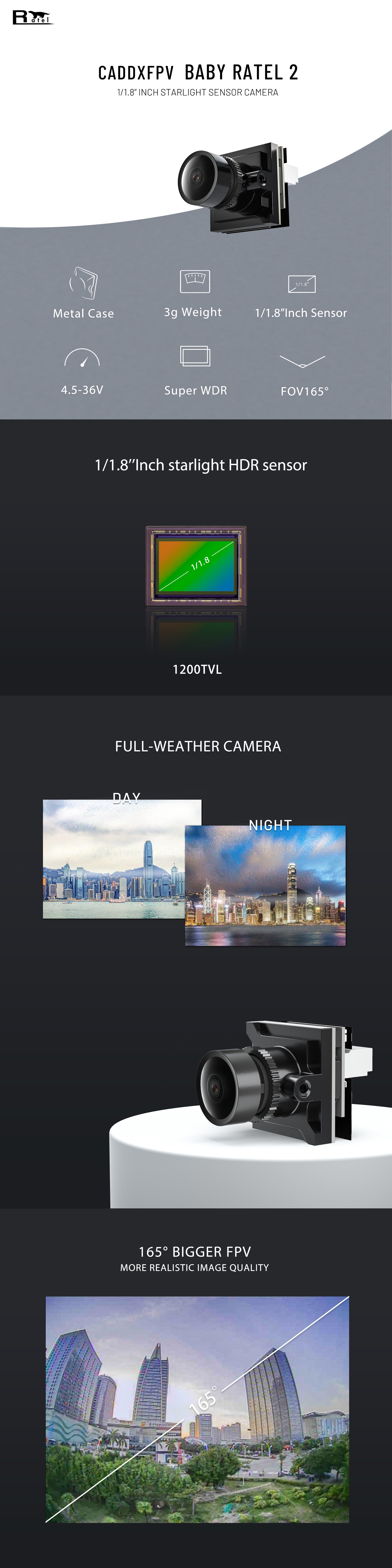 CADDXFPV Baby Ratel2 Analog Camera 5 1200TVL FULL-WEATHER CAMERA NIGHT 1650 BIGGER