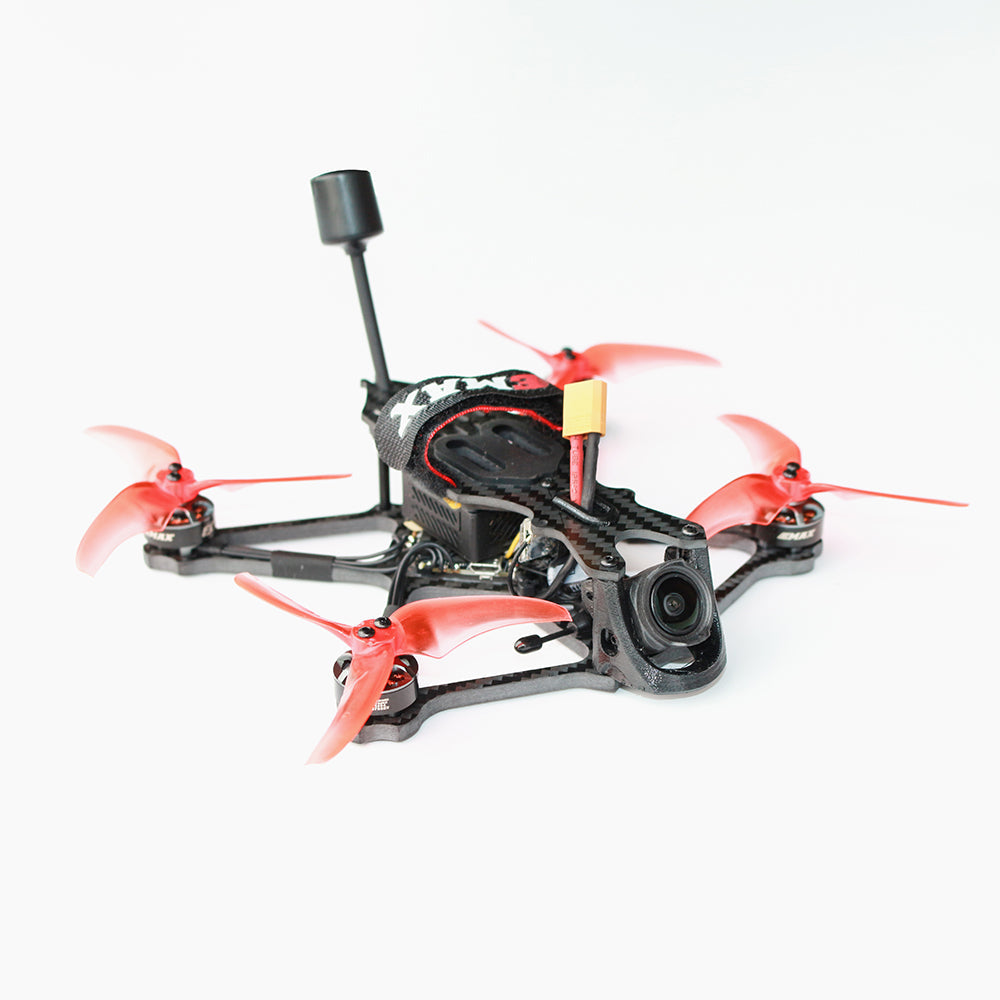 Angled side view of Babyhawk O3 quadcopter showing camera mount, battery strap and antenna