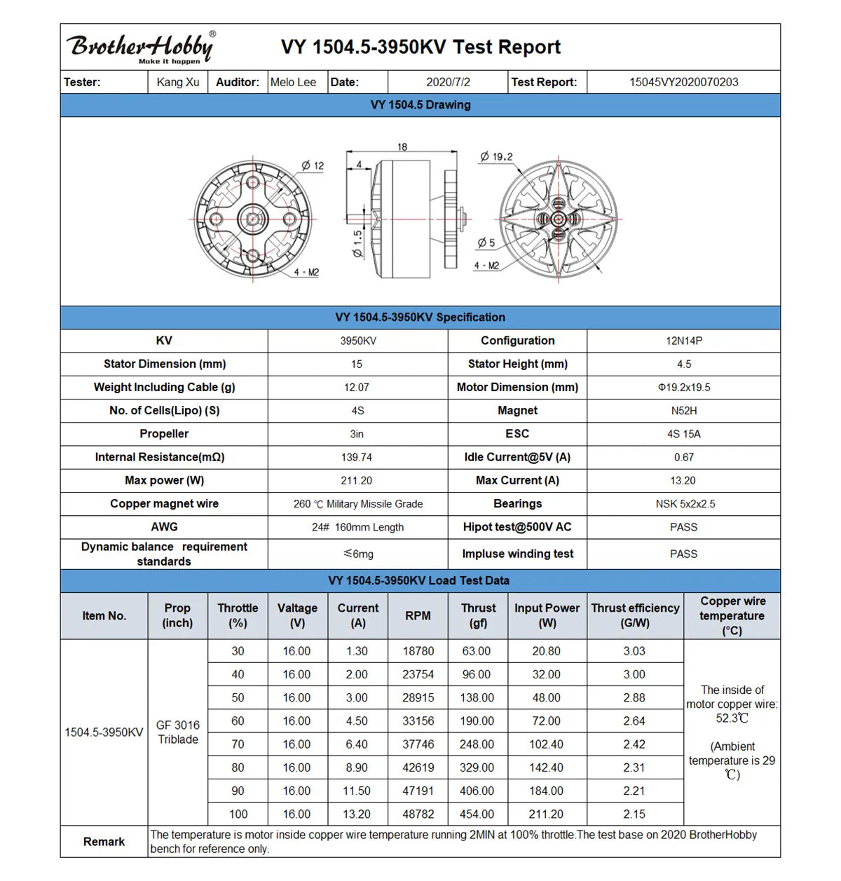 BrotherHobby VY 1504.5 Motor, 150451Y2020070203 VY 1504.5 Drawing . 4.5 Weight 