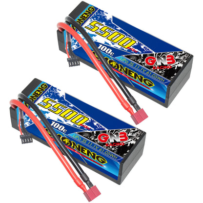 Two GAONENG GNB 3S 5500mAh hard case LiPo batteries shown together with T-plug connectors