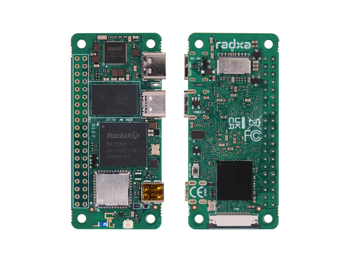RADXA ZERO 3W RK3566 development board shown from front and rear sides
