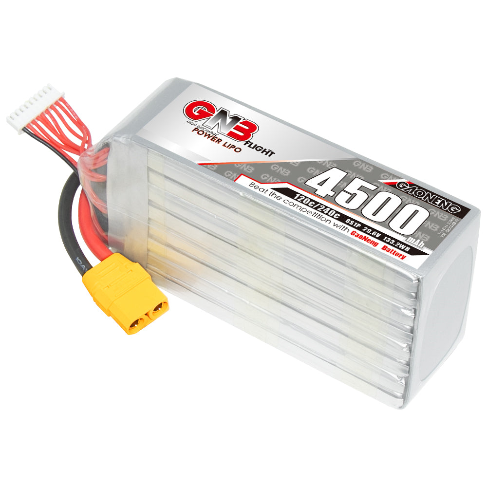 GAONENG GNB45008S120A 8S 29.6V 4500mAh 120C LiPo battery with XT90 connector and balance lead