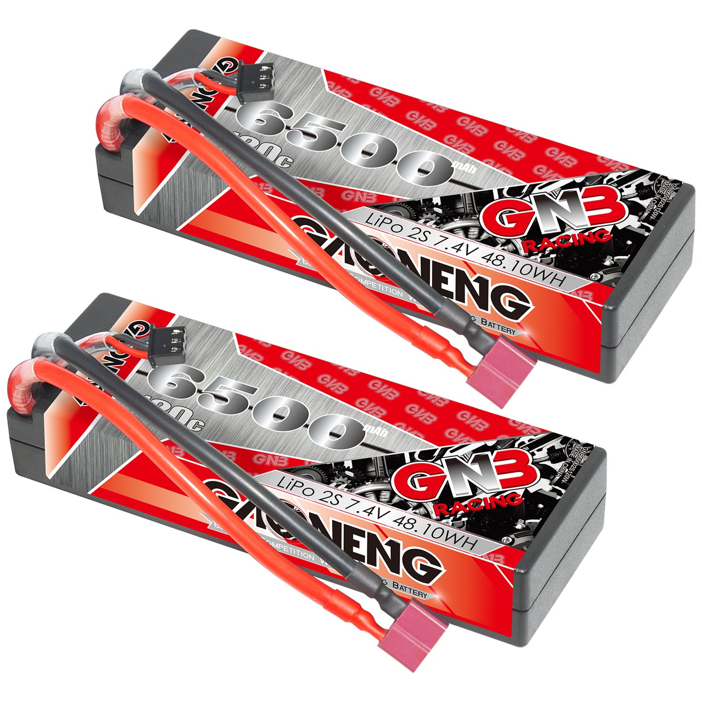 Two GAONENG GNB 6500mAh hard case LiPo batteries shown together with T-plug connectors
