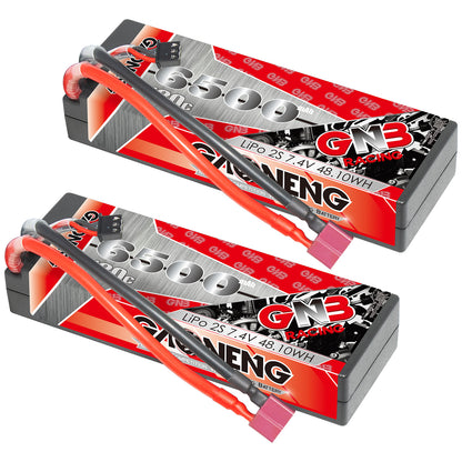 Two GAONENG GNB 6500mAh hard case LiPo batteries shown together with T-plug connectors