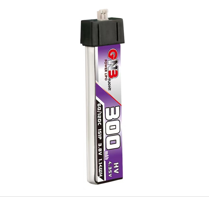 GAONENG GNB300 1S 3.8V 300mAh 60C LiHV battery with Molex 1.25 connector, upright view