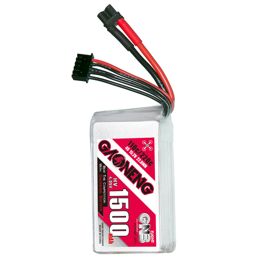 GAONENG GNB1500 4S LiHV battery standing upright, XT30 power plug and 4S balance connector