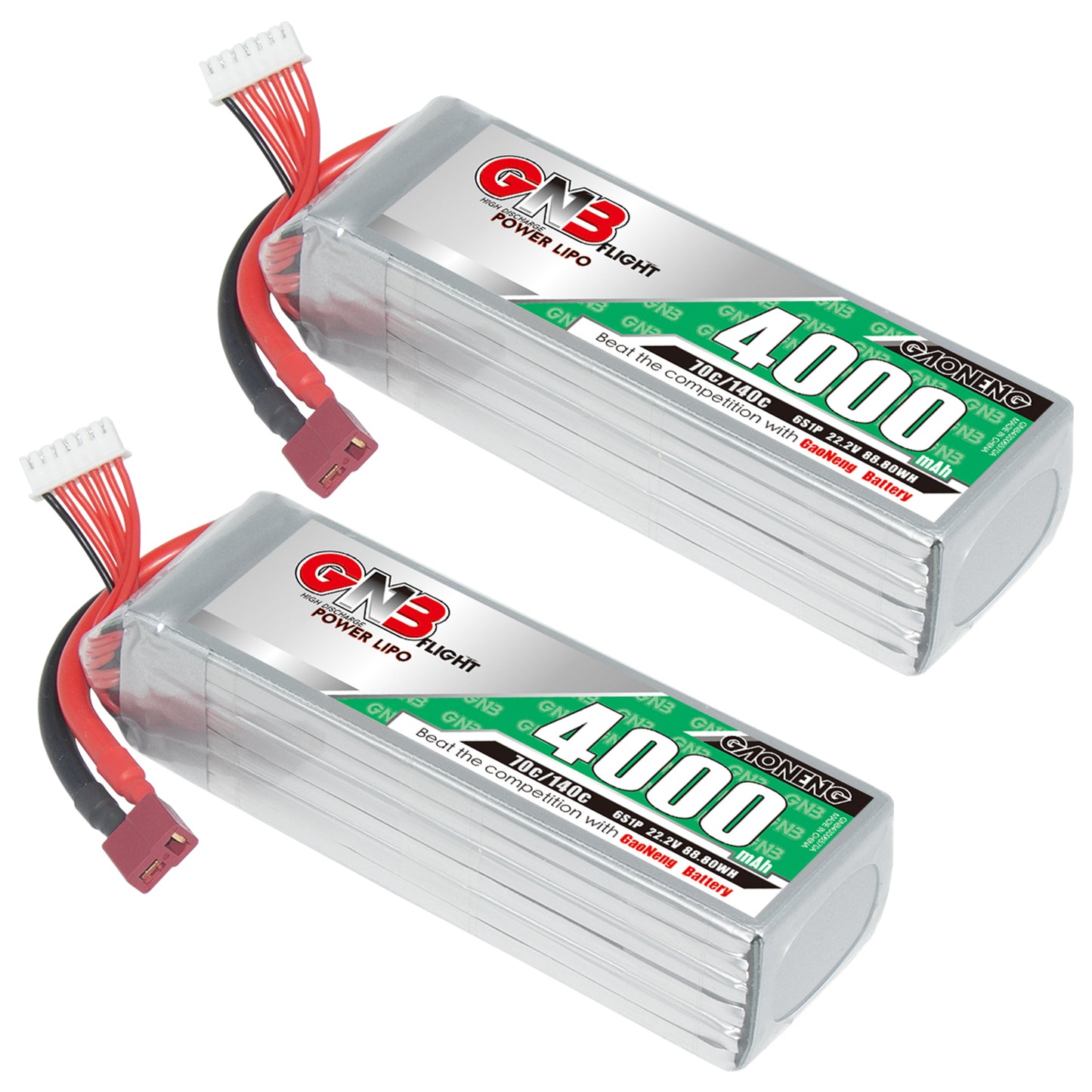 Two GAONENG GNB 6S 22.2V 4000mAh 70C LiPo batteries shown side by side with T-plug leads