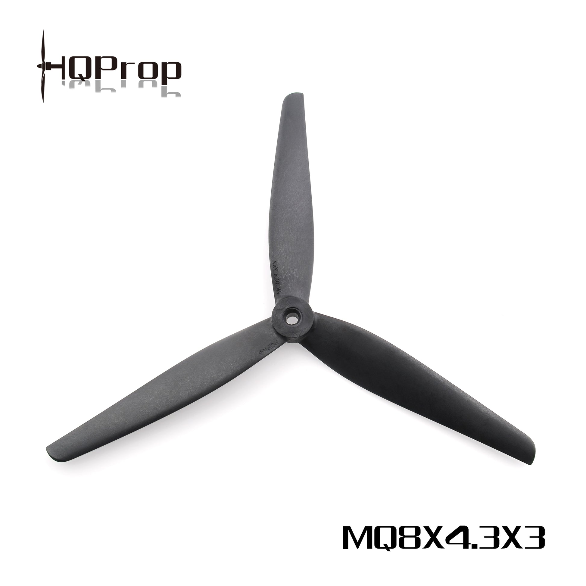 HQProp MQ8X4.3X3 tri-blade propeller graphic, black prop on white background