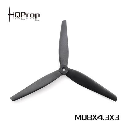 HQProp MQ8X4.3X3 tri-blade propeller graphic, black prop on white background