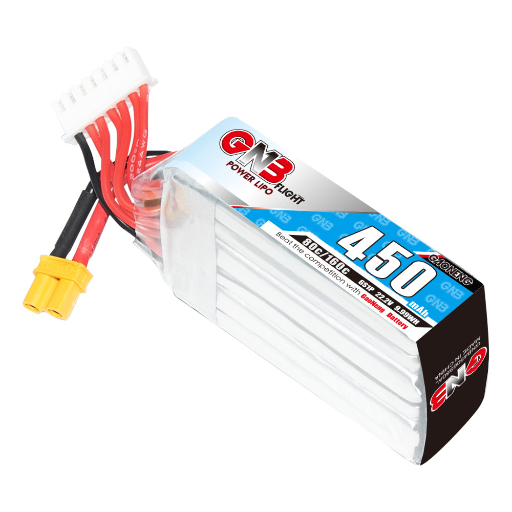 GAONENG GNB 450mAh 6S LiPo battery long pack, angled view showing cell stack and XT30 lead
