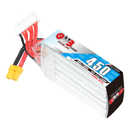GAONENG GNB 450mAh 6S LiPo battery long pack, angled view showing cell stack and XT30 lead