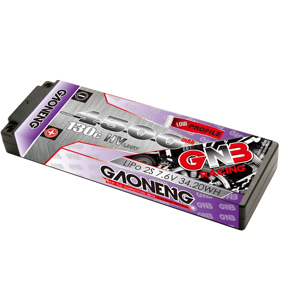GAONENG GNB 4500mAh 2S 7.6V LiHV 130C hard case low-profile battery, angled top view