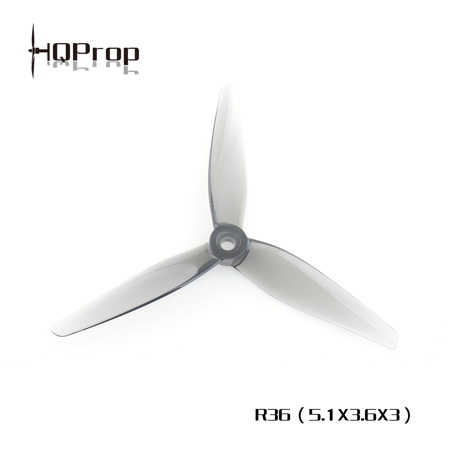 HQProp R36 (5.1x3.6x3) 3-blade propeller on white background with printed model text