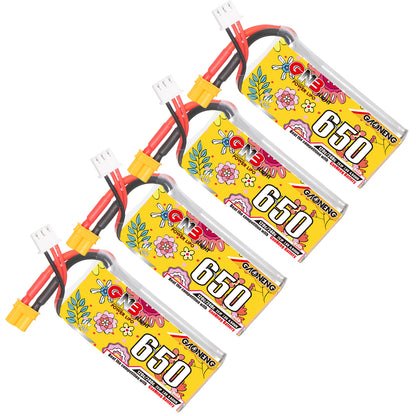 Four GAONENG GNB 650mAh LiHV 2S batteries with XT30 plug and balance lead, angled group shot
