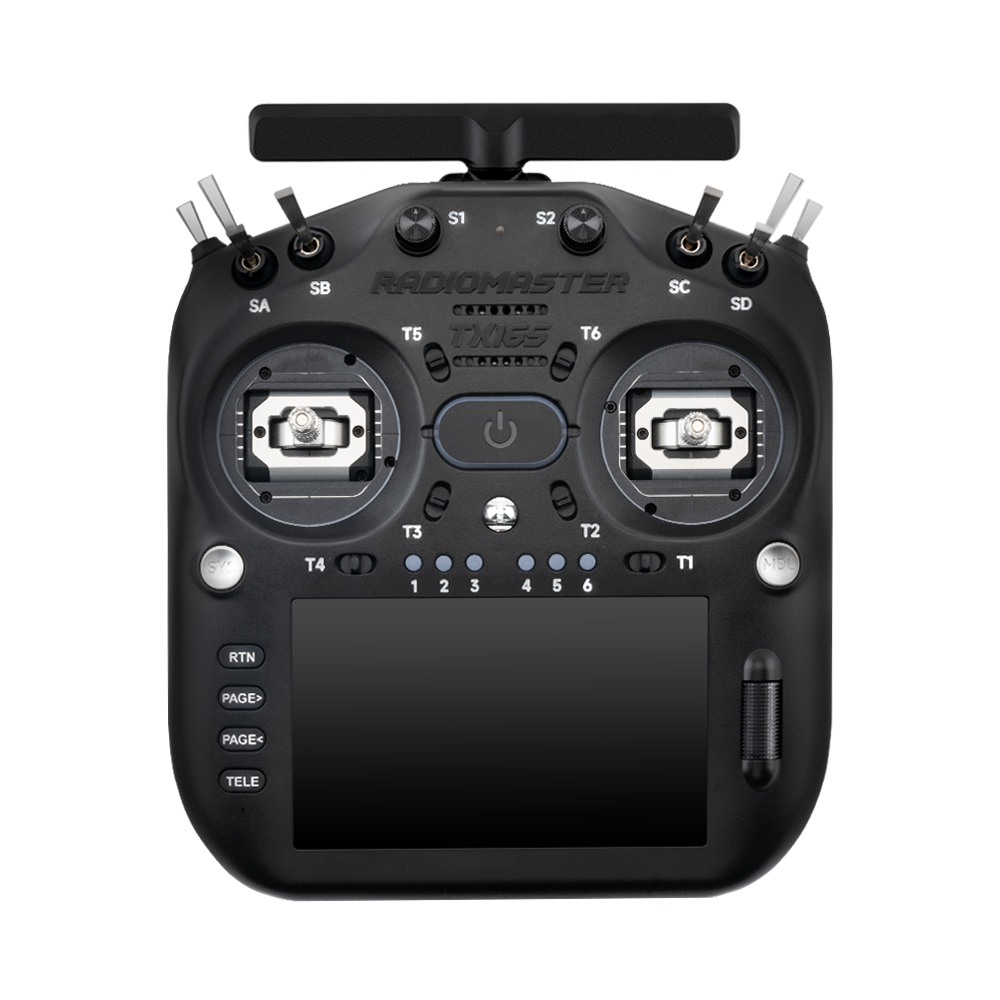 RadioMaster TX16S MK3 transmitter front view with switches, dual gimbals and large screen