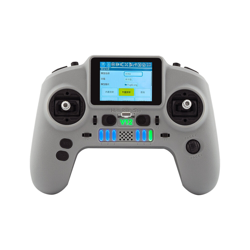 HelloRadioSky V12 2.4GHz ELRS EdgeTX radio transmitter front view with color screen and gimbals