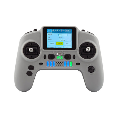 HelloRadioSky V12 2.4GHz ELRS EdgeTX radio transmitter front view with color screen and gimbals