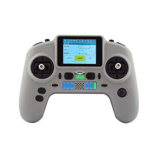 HelloRadioSky V12 2.4GHz ELRS EdgeTX radio transmitter front view with color screen and gimbals