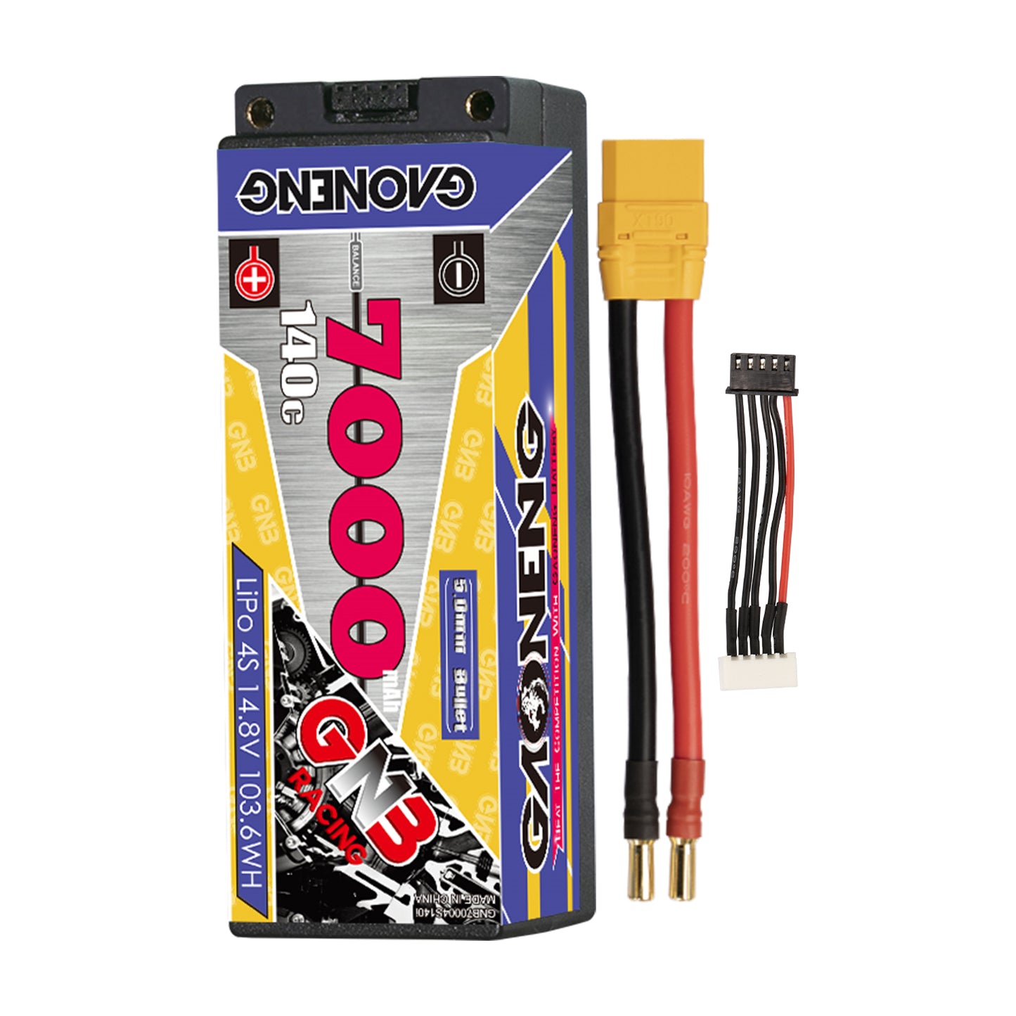 Hard case 4S battery with yellow plug power lead adapter and separate balance connector lead shown