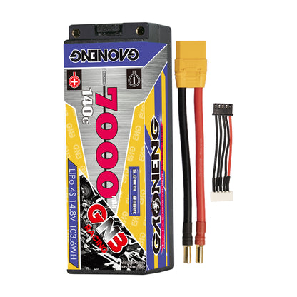 Hard case 4S battery with yellow plug power lead adapter and separate balance connector lead shown