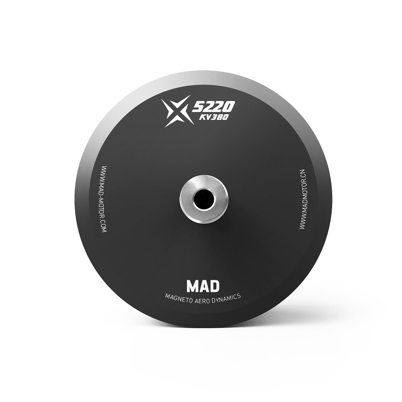 MAD X5220 (Long) IPE eVTOL Airplane Drone Motor, MAD X5220 KV380 eVTOL drone motor top view with black endbell, center shaft hole, and branding