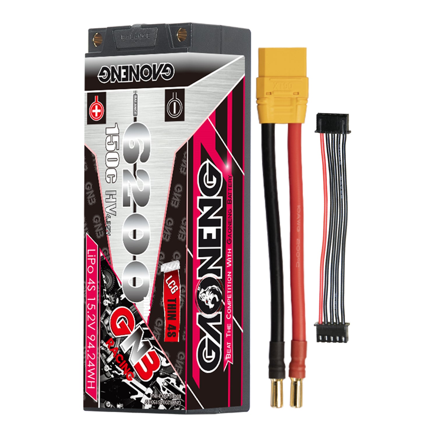 GNB GAONENG 4S 6200mAh 150C LiHV hard case LCG thin LiPo battery with XT90 lead and balance plug