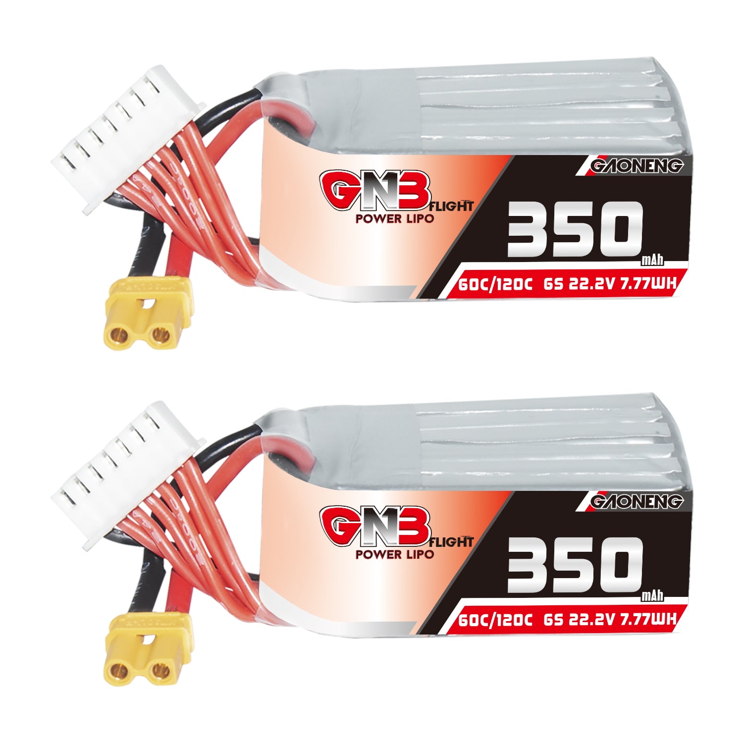 GAONENG GNB3506S60A 6S 22.2V 350mAh LiPo battery with XT30 lead and balance plug, two pack view