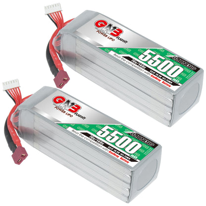 Two GAONENG GNB 5S 5500mAh 70C LiPo batteries with T-plug shown in a dual pack display