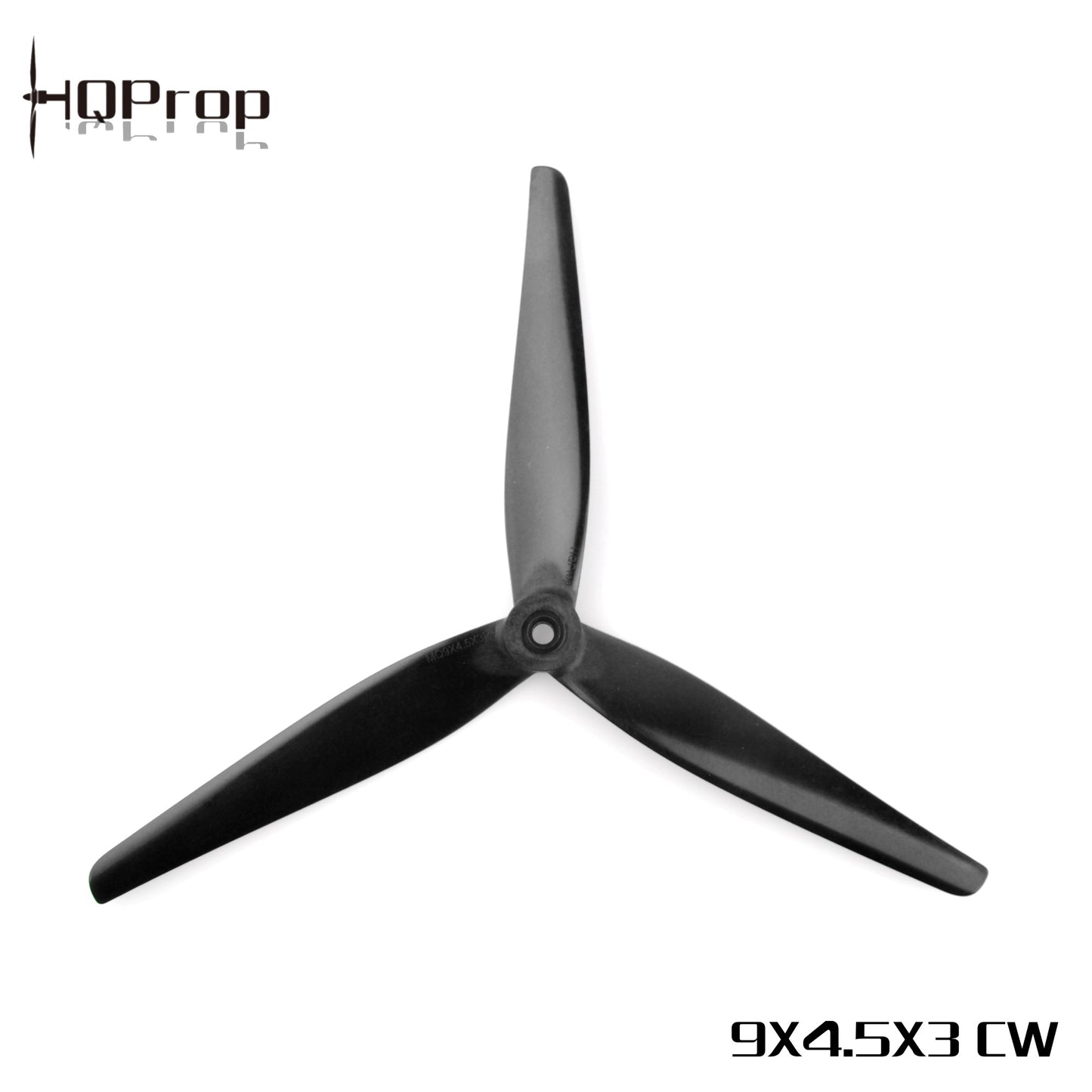 HQProp 9x4.5x3 CW black tri-blade propeller, top view with clockwise rotation label