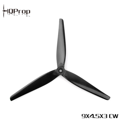 HQProp 9x4.5x3 CW black tri-blade propeller, top view with clockwise rotation label