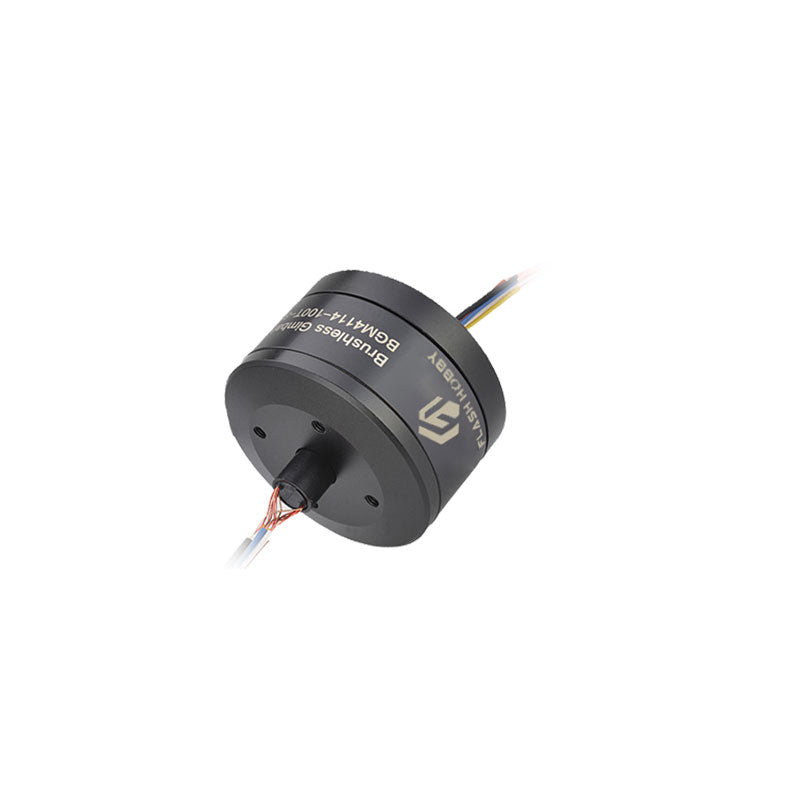 Flashhobby BGM4114-100T brushless gimbal motor with black housing, hollow shaft, and multicolor lead wires
