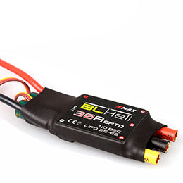 EMAX BLHeli 30A OPTO ESC with heatshrink case, labeled top view and attached power wires with connectors