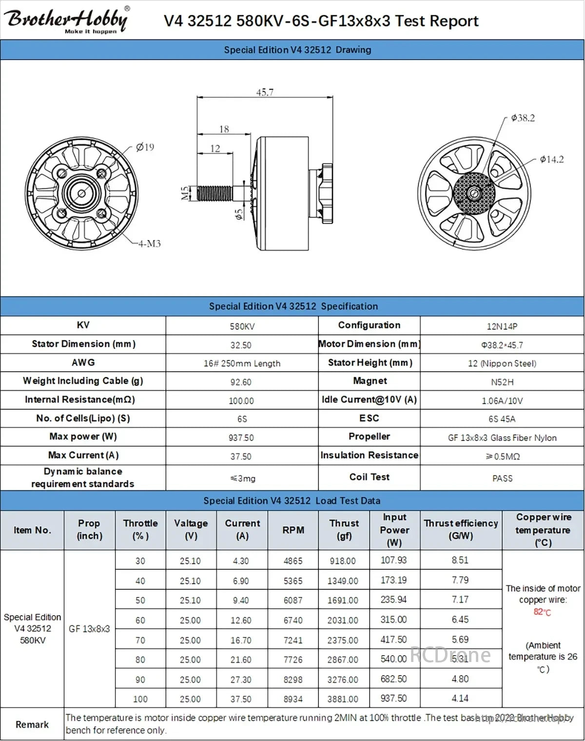 BrotherHobby SE V4 Motor, SE V4 32512 motor, 580KV, 6S, 12N14P, 38.2x45.7mm, 92.6g, 937.5W max power, 8934 RPM with GF 13x8x3 propeller, copper wire 82°C.