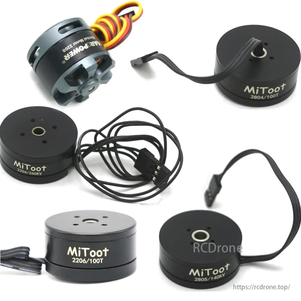 MiToot brushless gimbal motors: 2206/100T, 2805/140KV, 2204/260KV, 2804/100T models, various connectors.