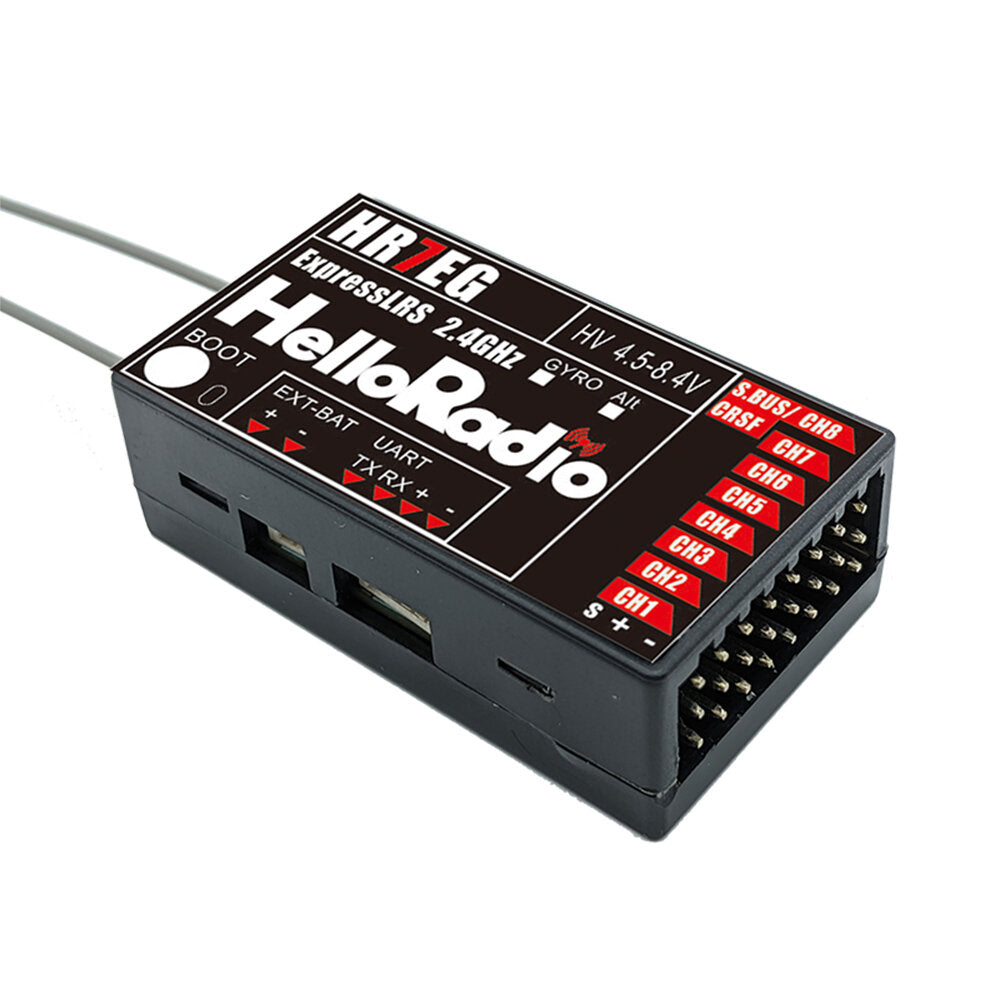 HelloRadioSky HR7EG 2.4GHz ELRS 8CH PWM radio receiver close-up, CRSF port and 8-channel PWM pins