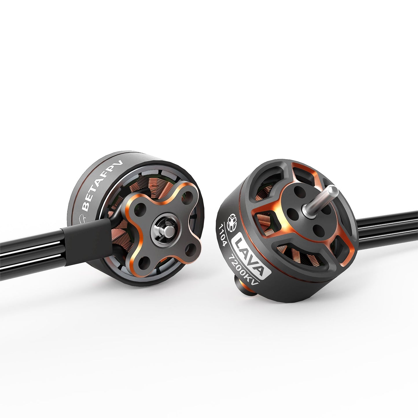 Pair of LAVA 1104 7200KV motors showing mounting base, exposed windings, and pre-soldered wires