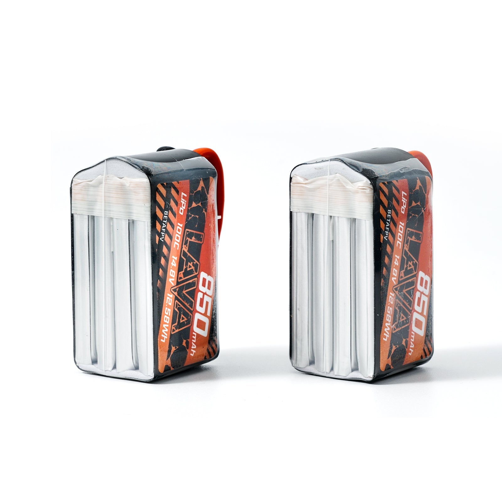 Two LAVA 850mAh LiPo batteries standing upright, side profile showing cell stack and wrap