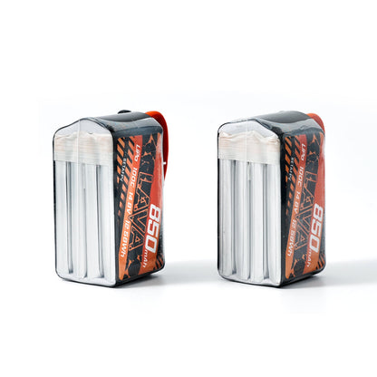 Two LAVA 850mAh LiPo batteries standing upright, side profile showing cell stack and wrap