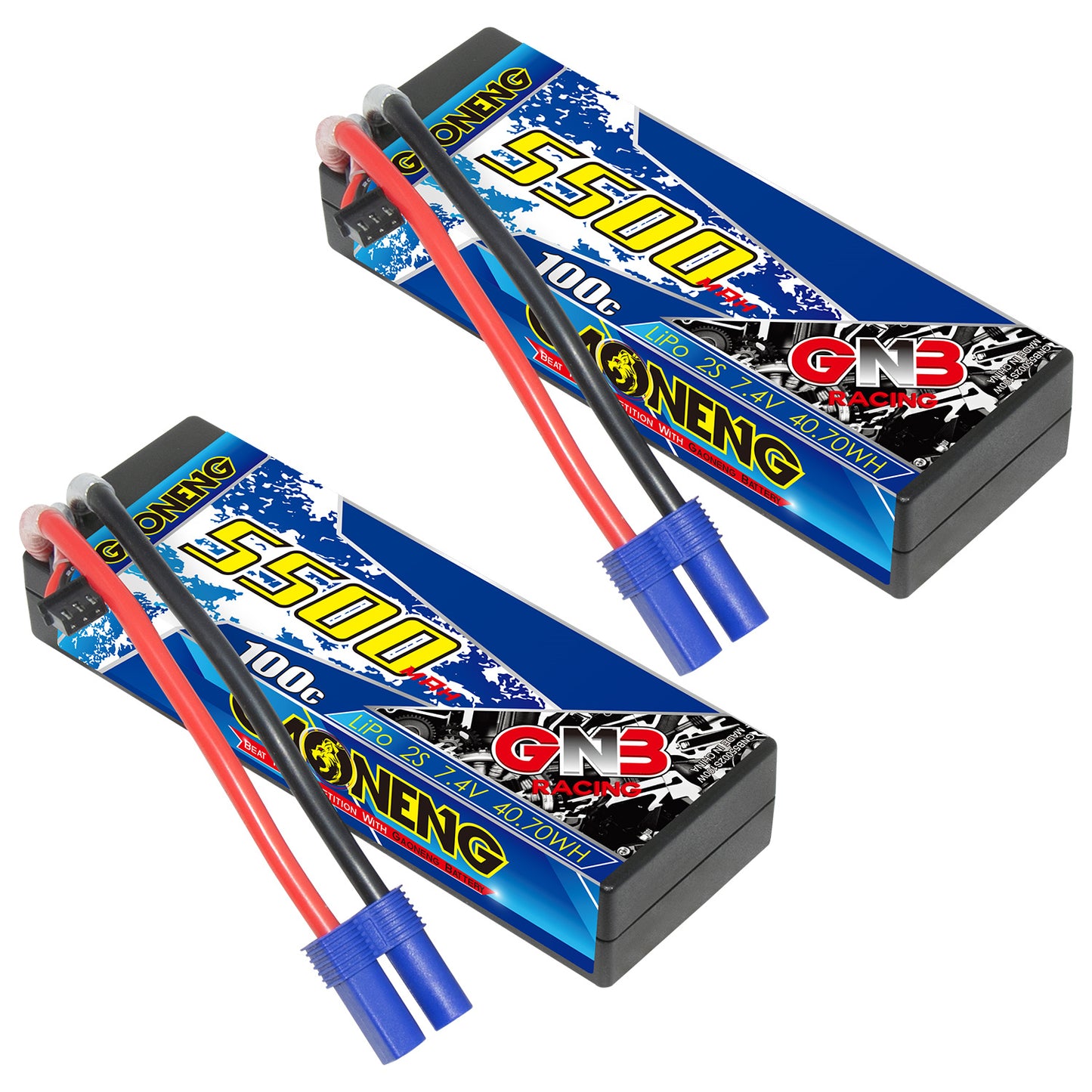 Two GAONENG GNB 5500mAh 100C hard case LiPo batteries shown with EC5 power leads