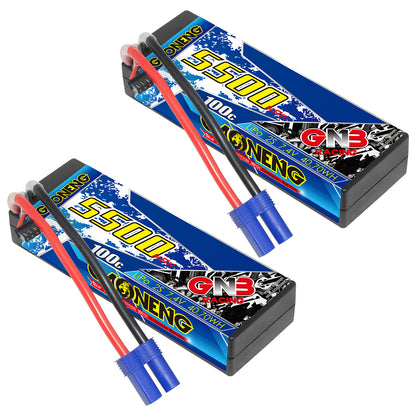 Two GAONENG GNB 5500mAh 100C hard case LiPo batteries shown with EC5 power leads