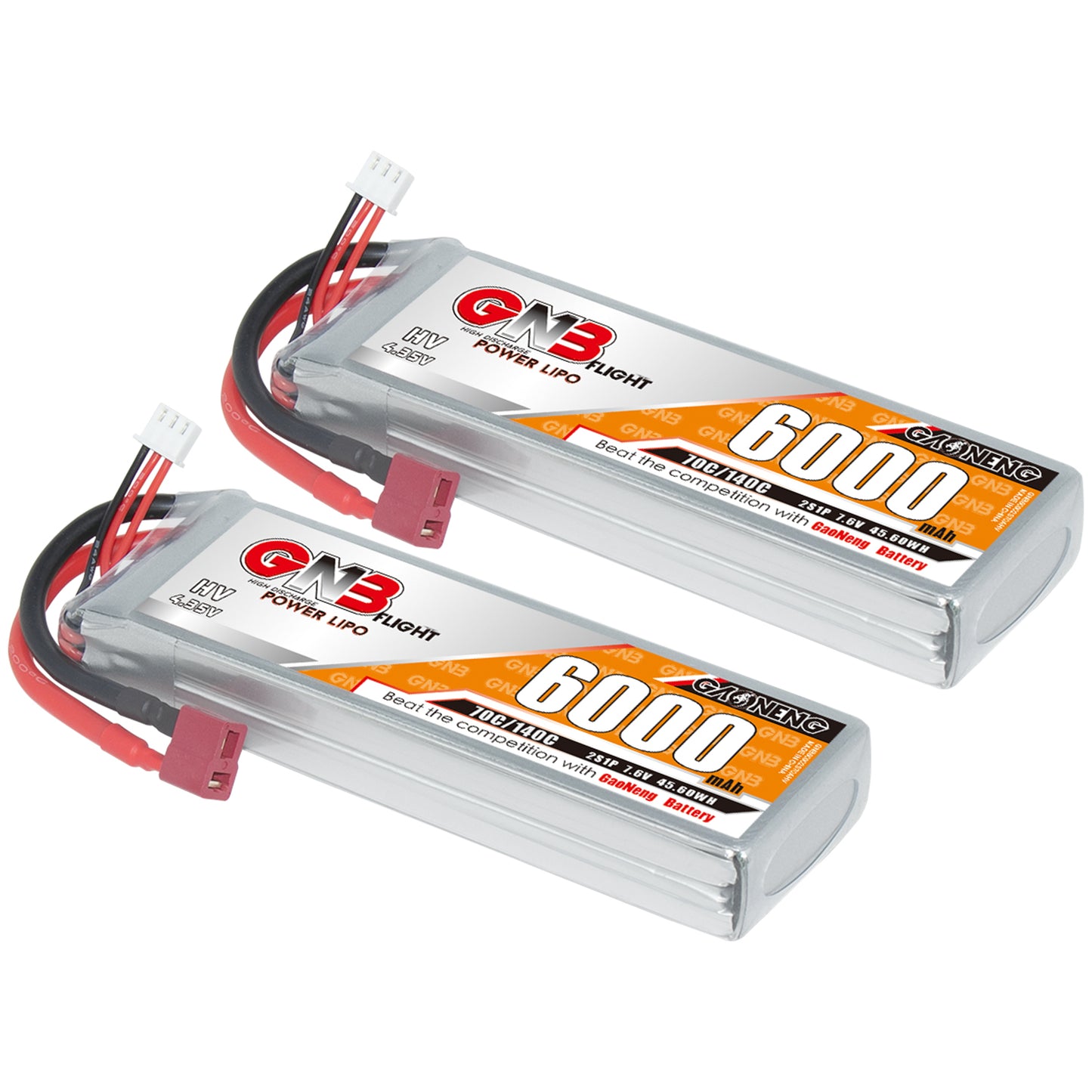 Two GAONENG GNB HV 2S 7.6V 6000mAh 70C LiPo batteries shown side by side, T-plug leads visible