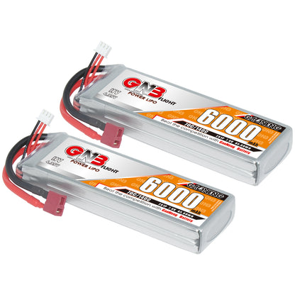Two GAONENG GNB HV 2S 7.6V 6000mAh 70C LiPo batteries shown side by side, T-plug leads visible