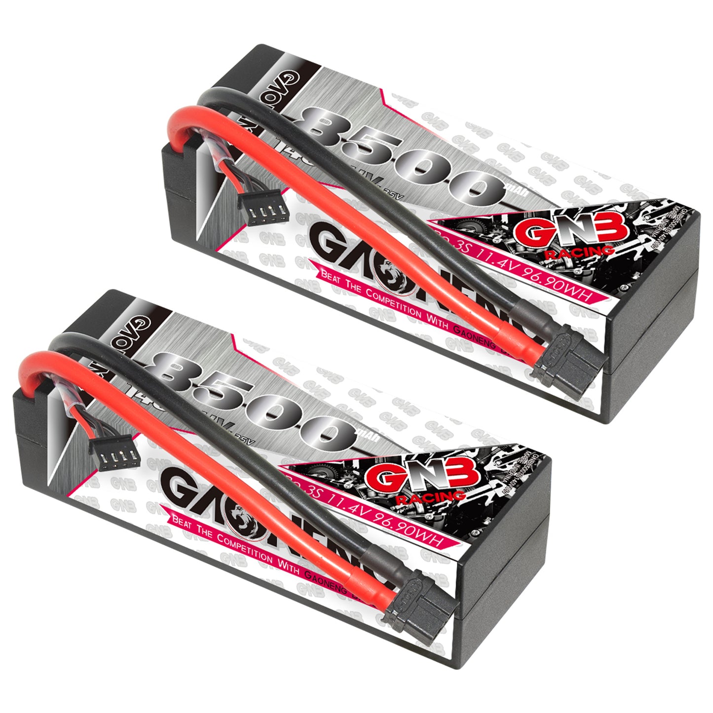 Two GAONENG GNB 8500mAh 3S LiHV hard case LiPo batteries shown at angle with XT60 connectors