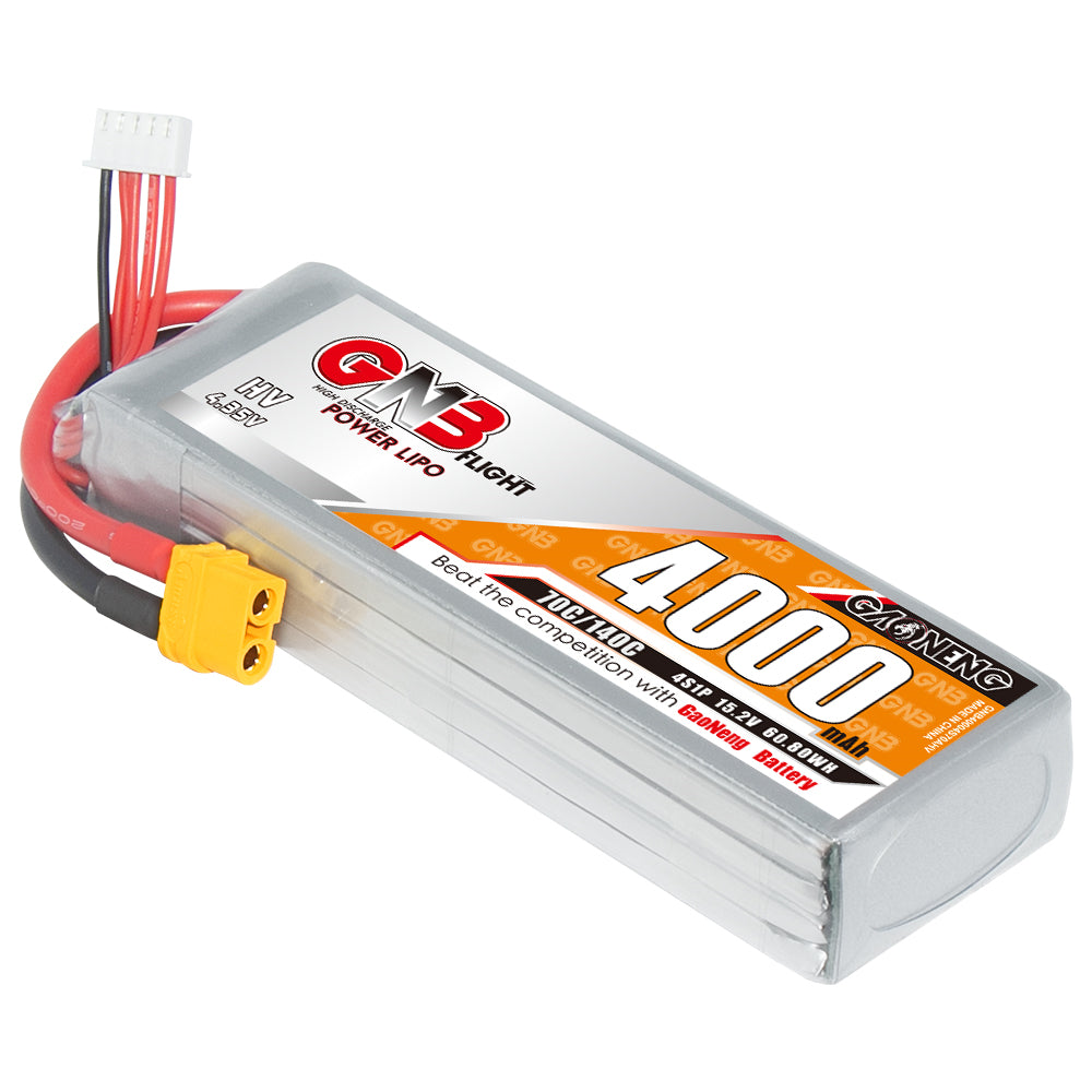 GNB 4000mAh LiHV battery angled top view highlighting XT60 plug and balance connector leads