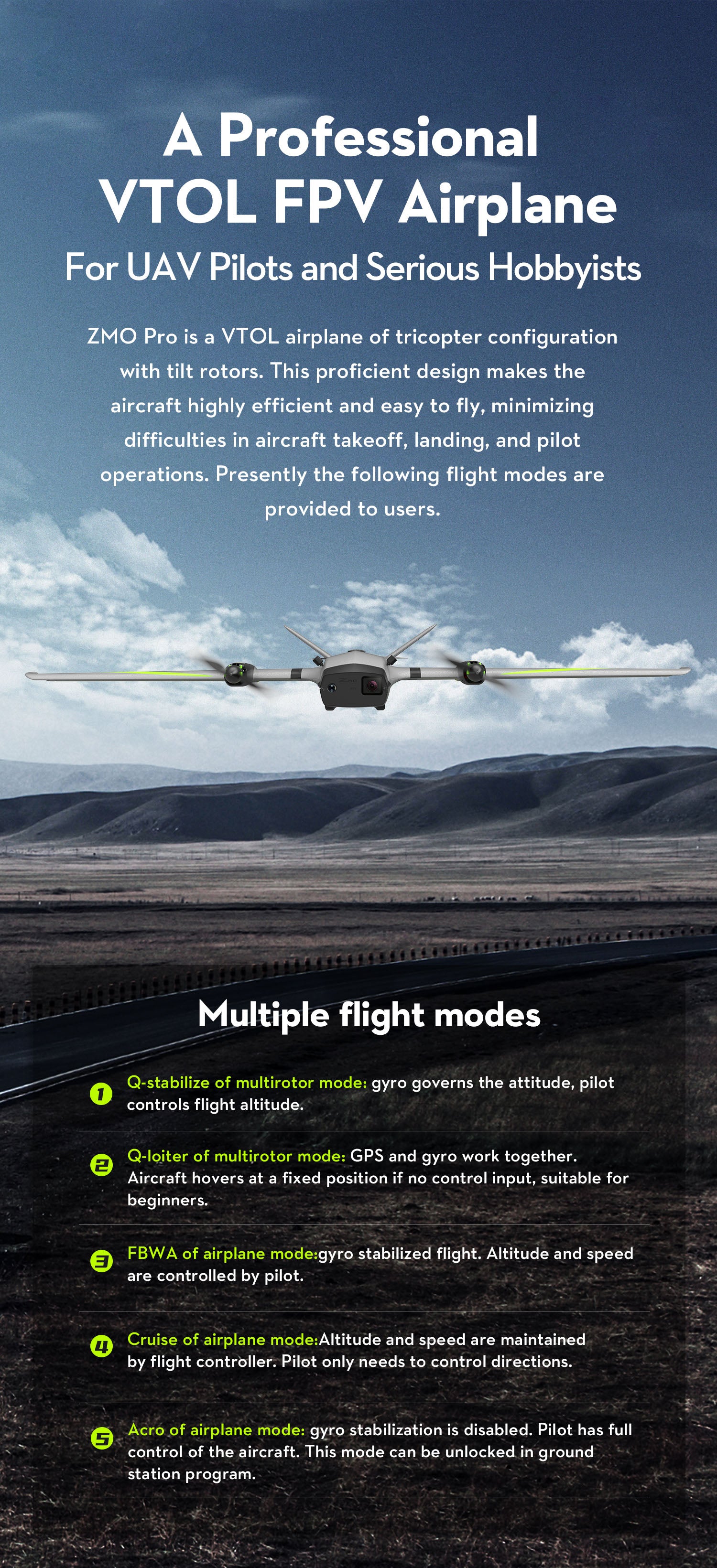 OMPHOBBY ZMO PRO VTOL FPV Aircraft, Professional VTOL FPV tricopter for pilots and hobbyists, featuring multiple flight modes.