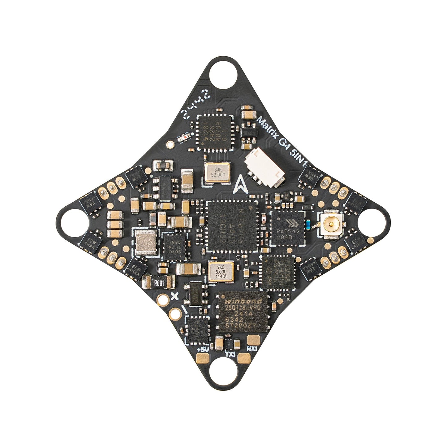BetaFPV Matrix 1S Brushless Flight Controller close-up, component side with MCU and solder pads