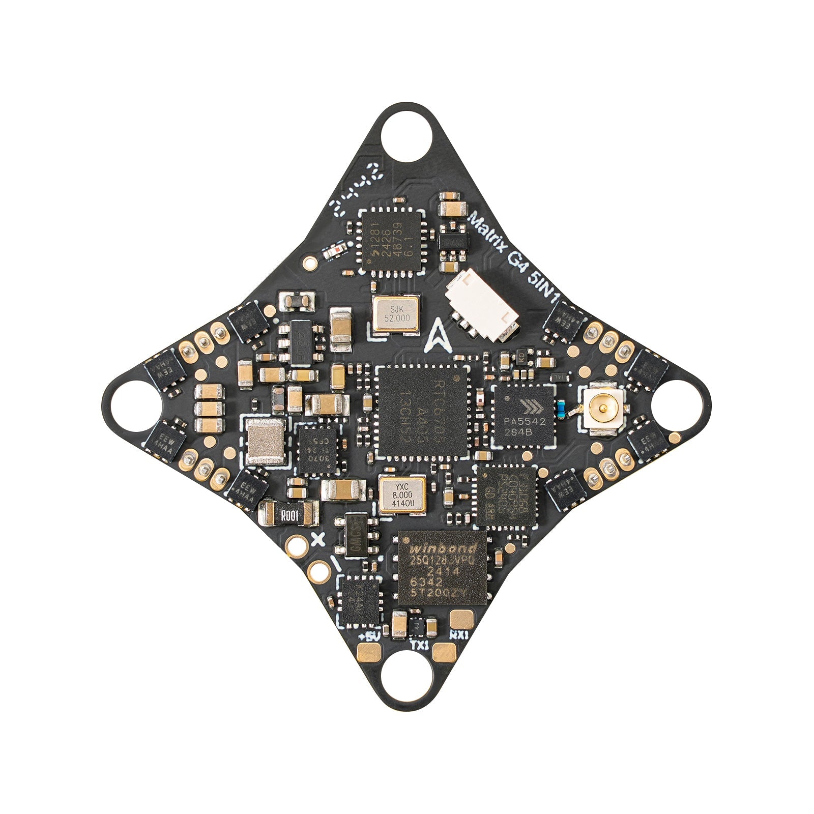 BetaFPV Matrix 1S Brushless Flight Controller close-up, component side with MCU and solder pads