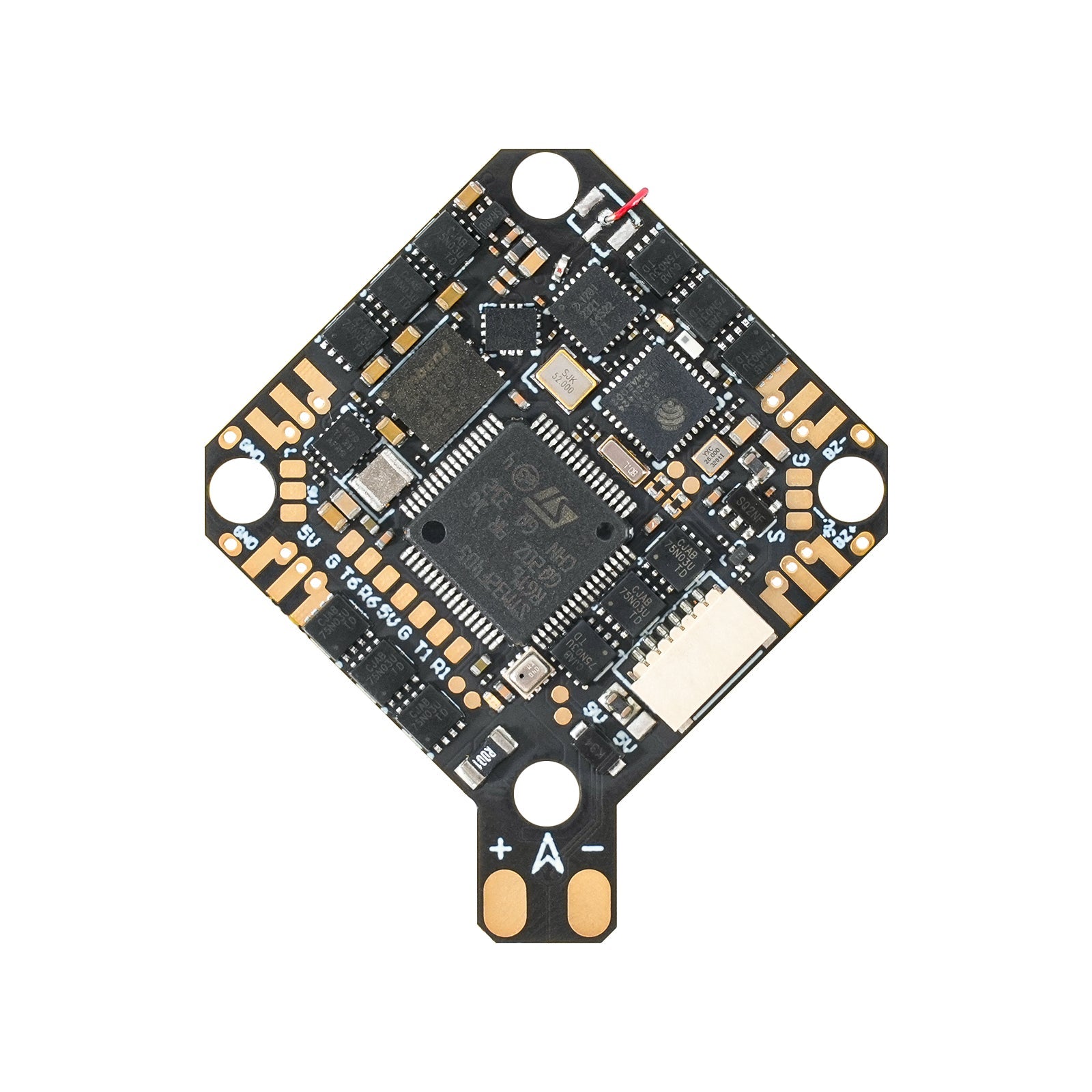 BETAFPV F4 2-3S 20A AIO flight controller underside showing STM chip, plug connector, and +/− pads