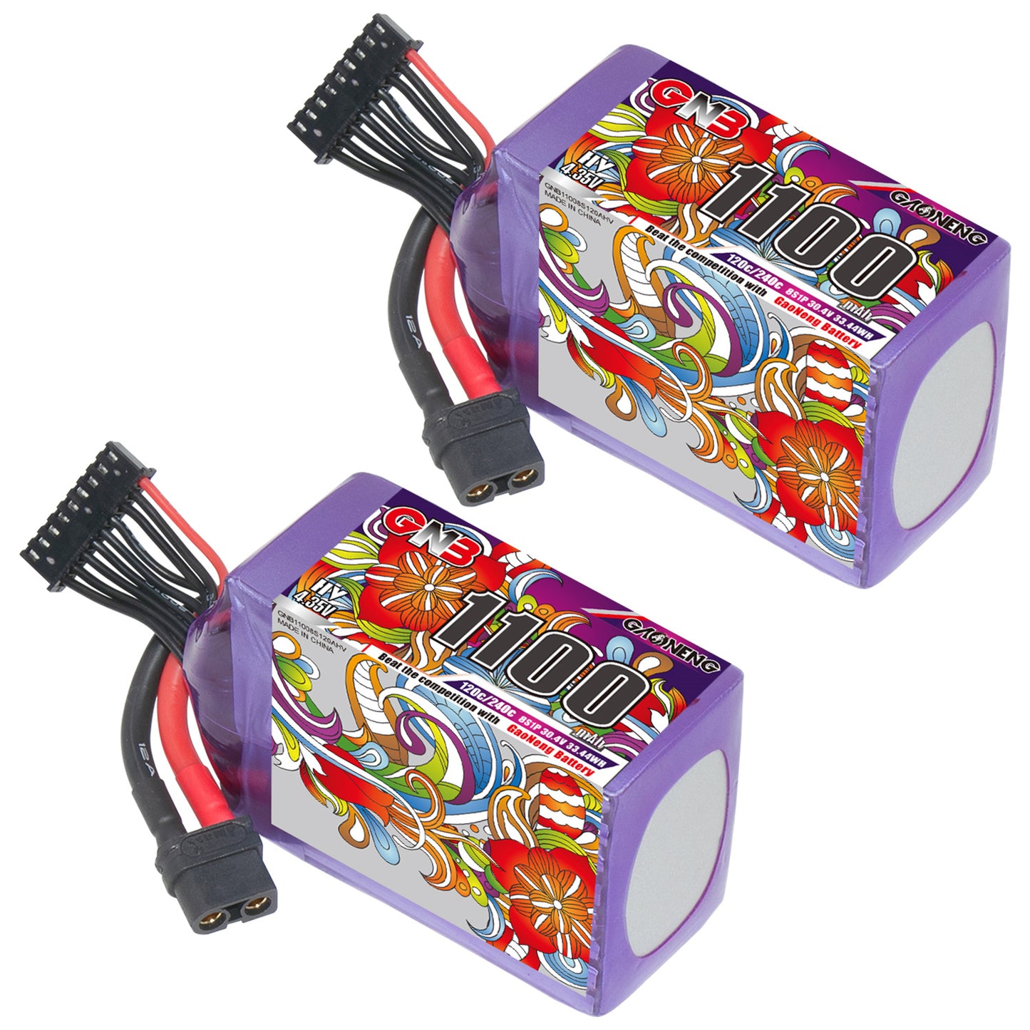 Two GAONENG GNB 8S 1100mAh LiHV FPV drone batteries with XT60 lead and balance connector