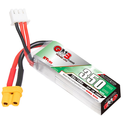 Single GNB 350mAh 2S 7.6V LiHV battery close-up with XT30 lead and balance plug